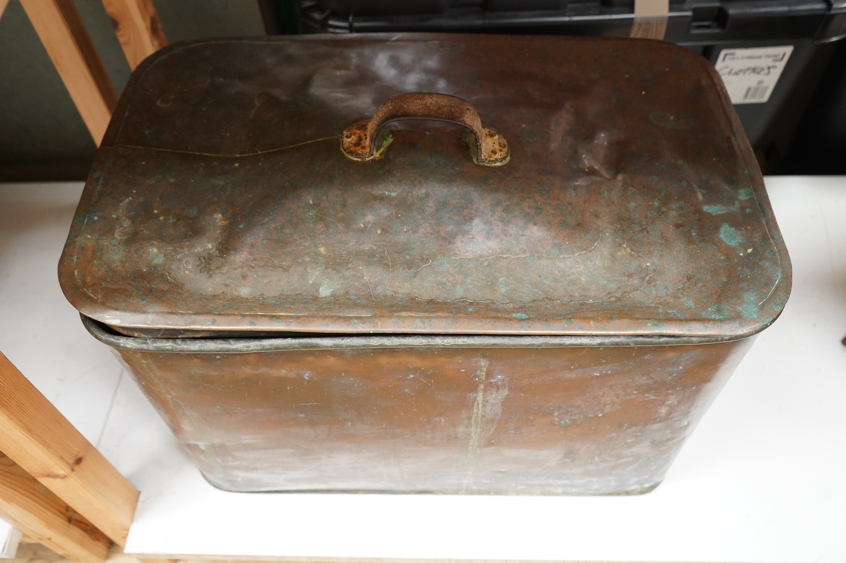 A large rectangular copper flour bin and cover, 60cm wide x 38 cm deep x 46cm high.